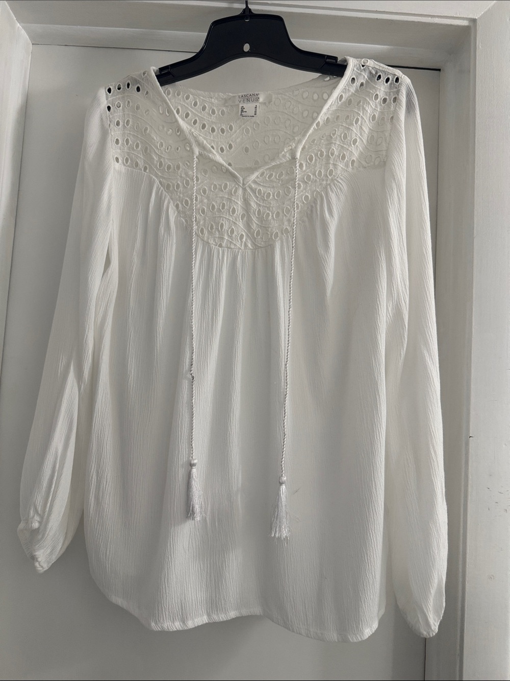 Eyelet Yoke White Peasant Tunic with Tassel Tie